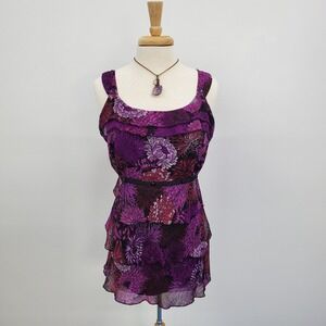 Womens Tiered Tie Back Top Blouse Size 22 Purple Floral Sleeveless Ruffle Beaded